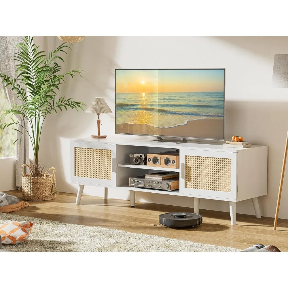 

for Living Room Tv Stand Solid Wood Feet Furniture Rattan TV Console With 2 Cabinets Entertainment Center With Adjustable Shelf