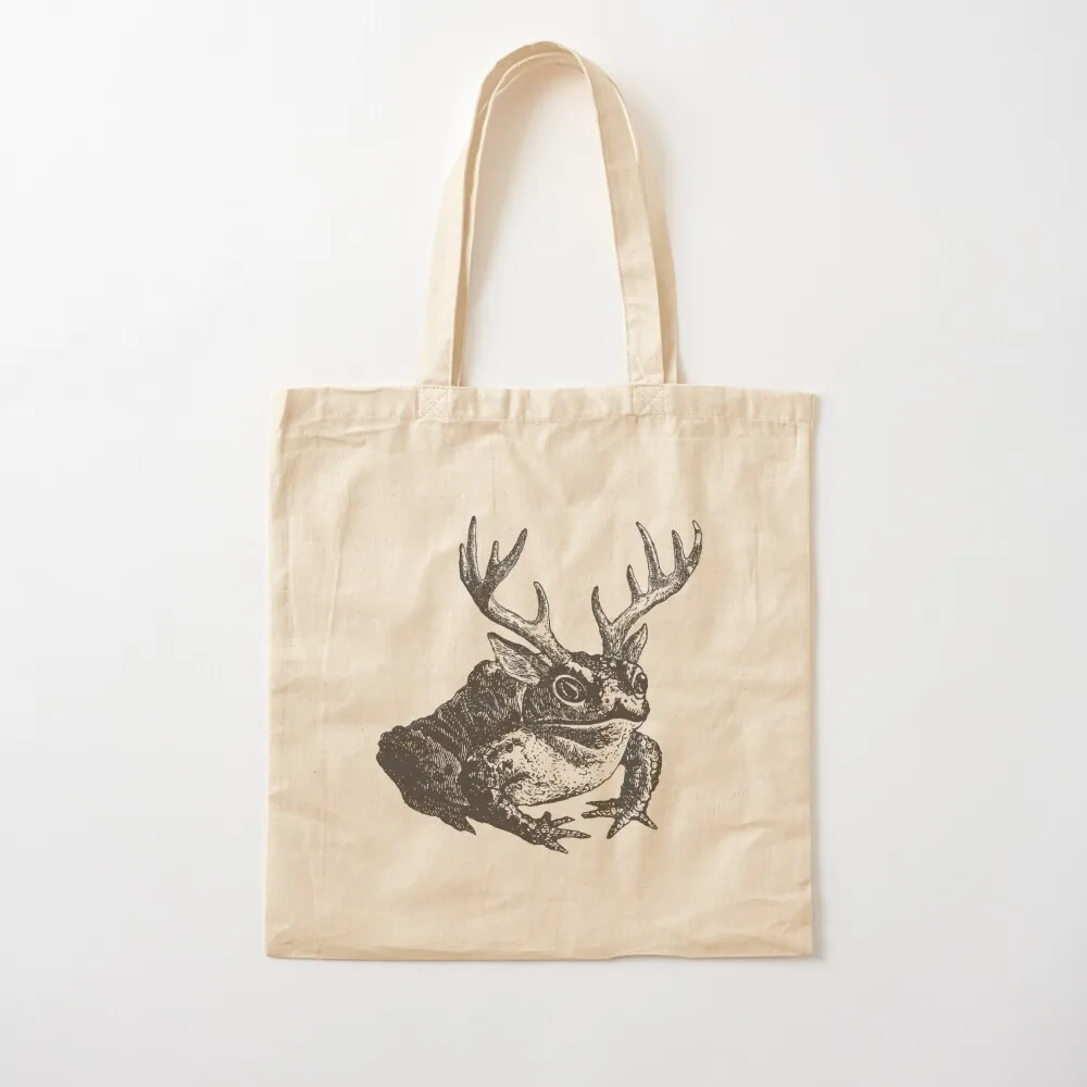 Cottagecore Frog with Antlers: Vintage Fairycore Toad with Horns and Ears Tote Bag Shopper Canvas Tote Bag