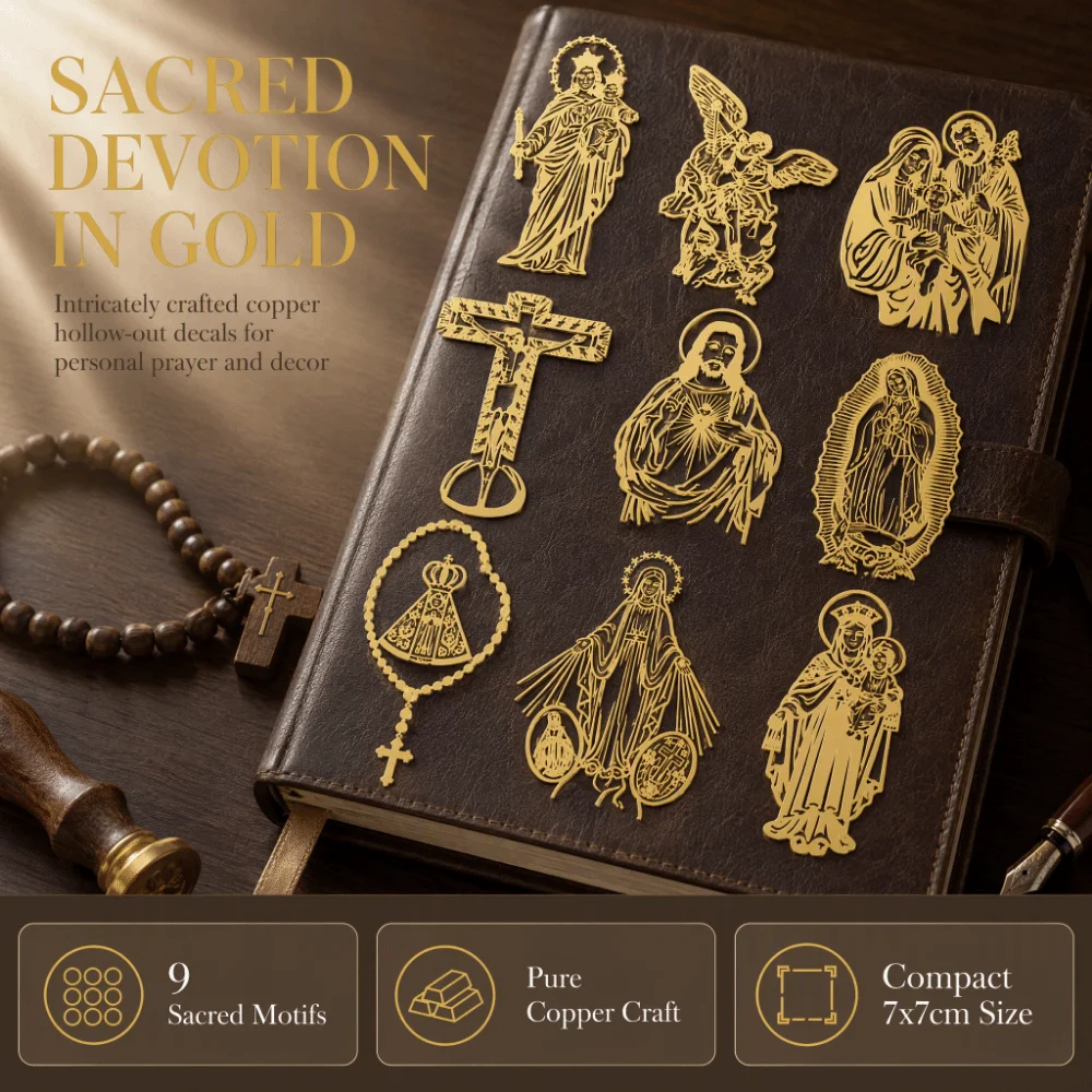 9pcs Gold Color Metal Christian Stickers Self Adhesive Delicate Hollow Out Design Self Adhesive Stickers Metal Material