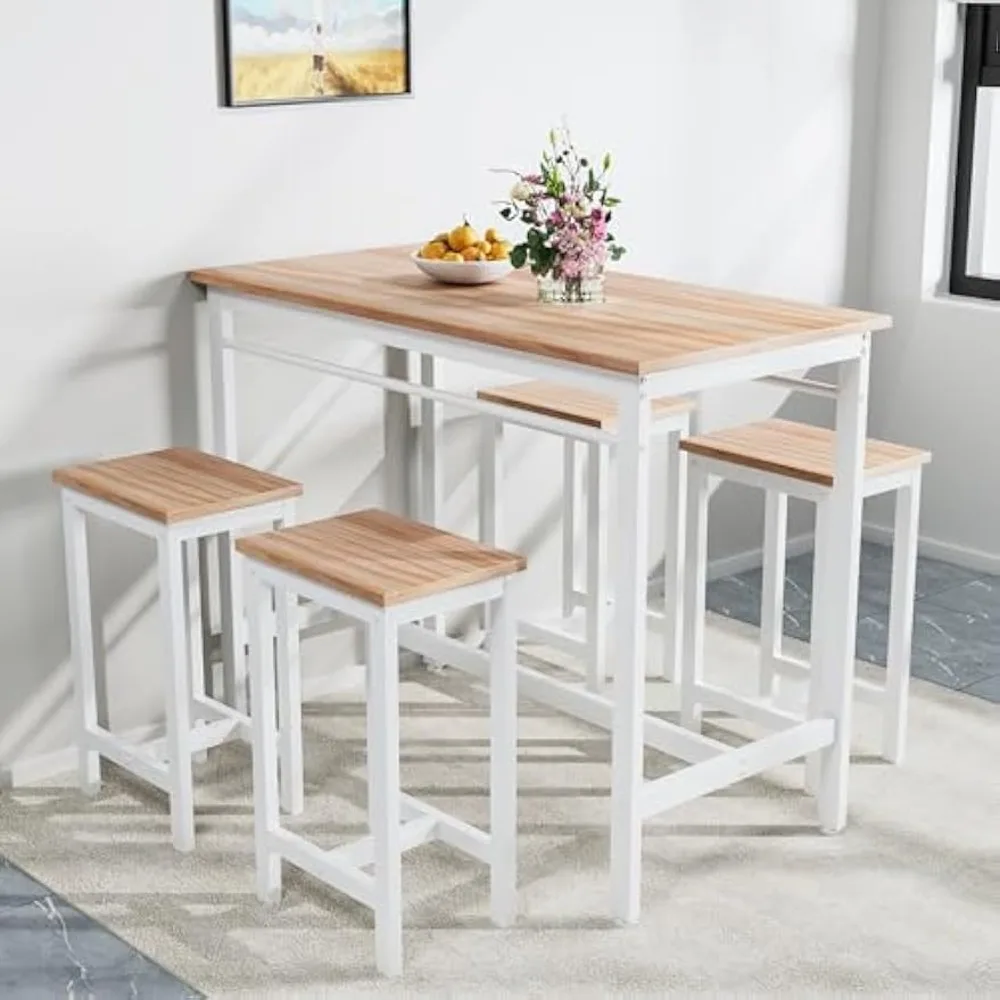 

Kitchen Table Set for 4, Modern High Top Table with 4 High Bar Stools, 5-Piece Counter Height Dining Table Set White Oak