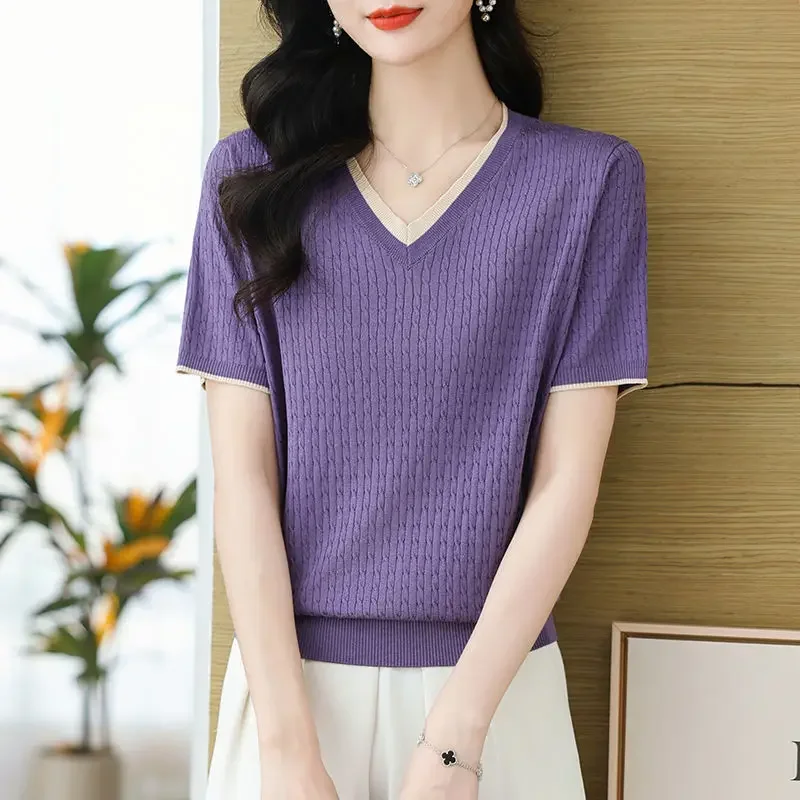French Style Elegant Summer T-Shirts Women V-Neck Contrast Color Patchwork Fake Two Pieces Fashion Short Slim Sleeve Knit Tops