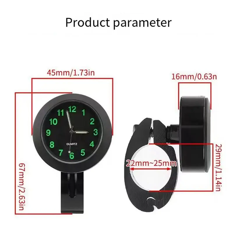 2X Motorcycle Universal 7/8 Inch Handlebar Watch Clock With Buckle Waterproof Sun-Proof Shockproof Black-L94A