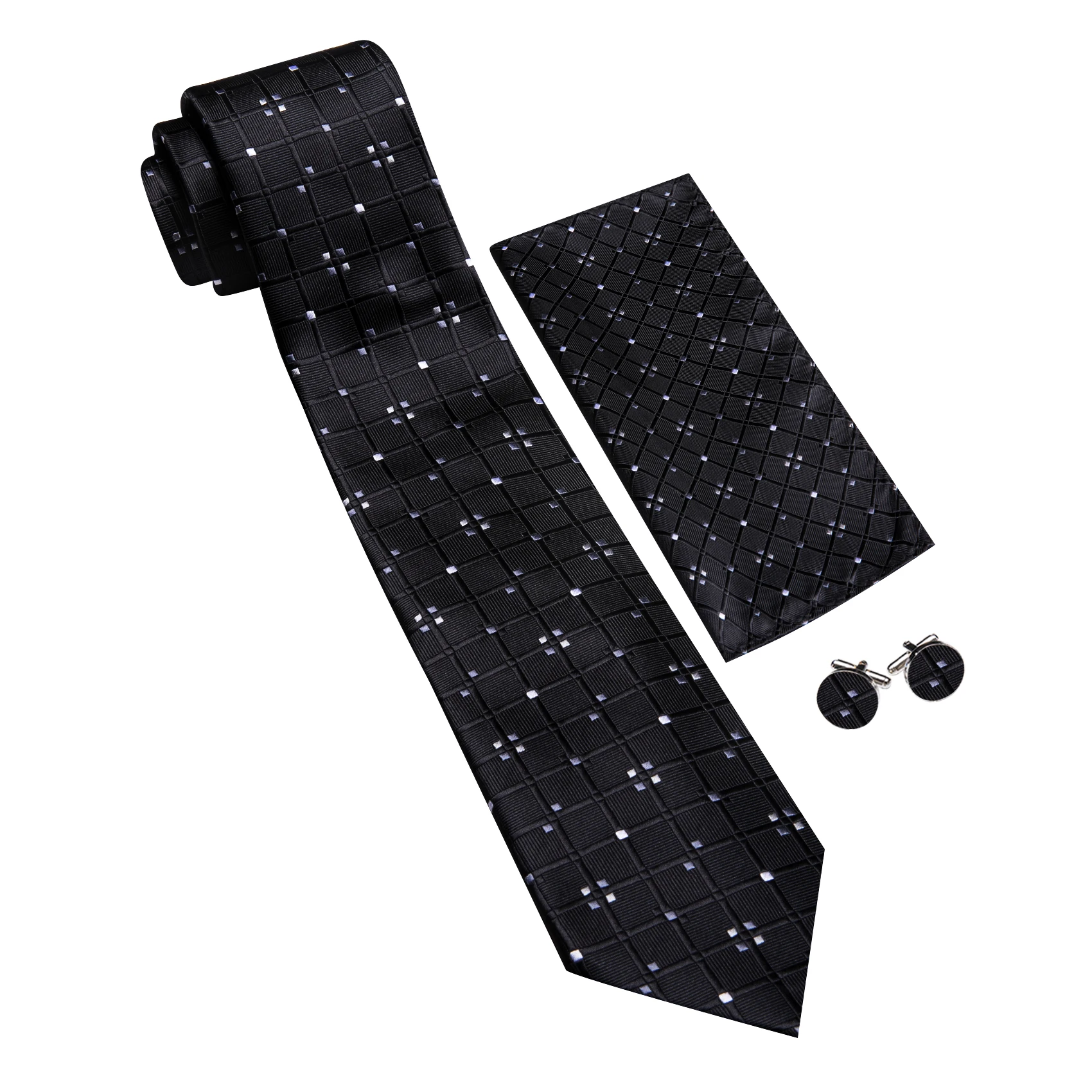 Men Geometric Square Grid Tie Set with Pocket Square Cufflinks 3 Pieces Jacquard Check Necktie Suit Accessory Wedding Business