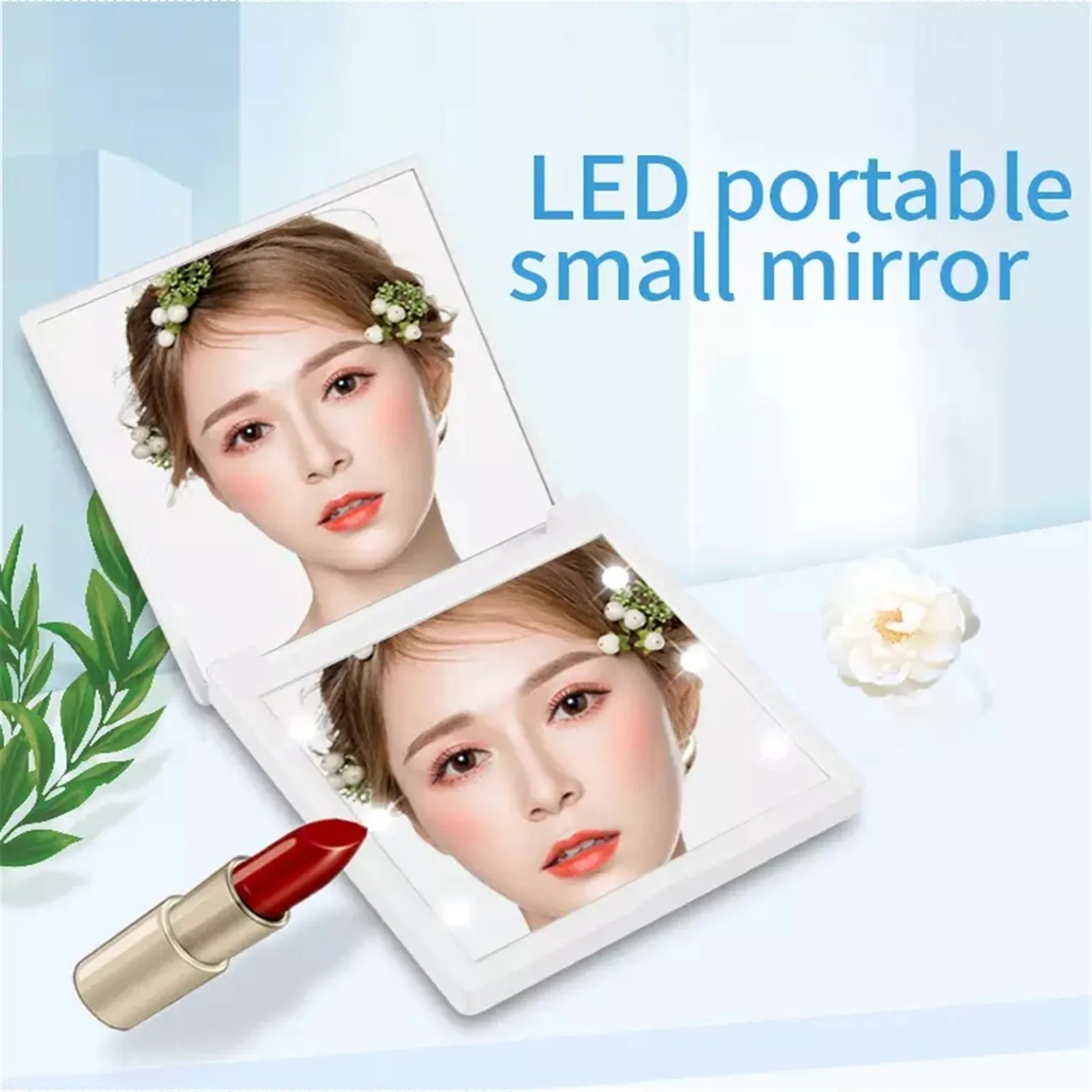 6 Led Make-Up Spiegel Met Licht 1x 2x Vergrotende Kleine Zak Draagbare Reis Roze Zwart Wit Opvouwbare Cosmetische Make-Up Spiegels