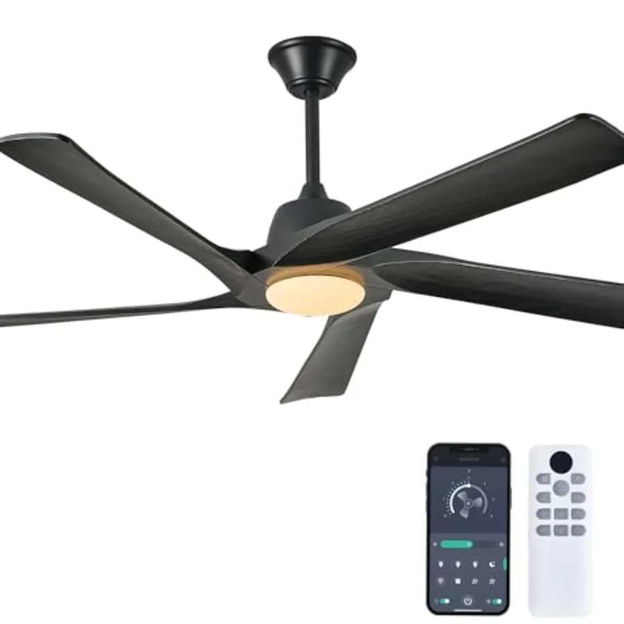 60 Inch Solid Wood Ceiling Fan with Light for Bedrooms and Outdoor Patios, Black, 3-color Dimmable Remote and APP Control, DC M