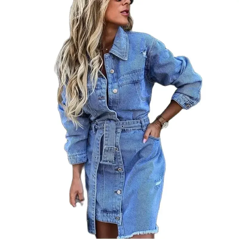 Fashion Broken Holes Denim Dresses Women High Waist Belt Splice Dress Lapel Single-breasted Cardigan Gown New Casual Streetwear