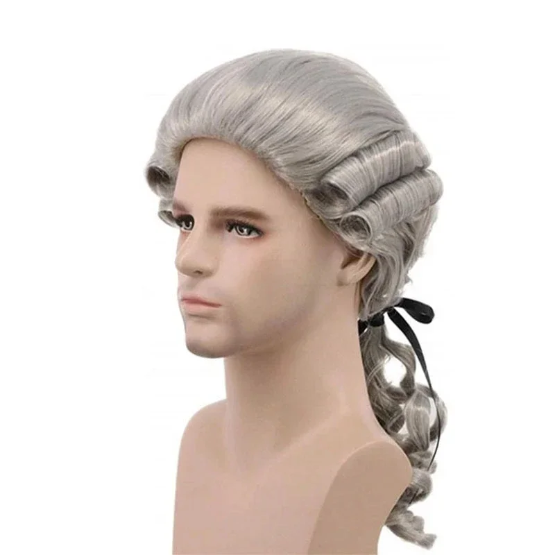 Grey White Black Lawyer Judge Baroque Curly Male Wigs Cosplay Costume Deluxe Historical Long Synthetic Wig For Halloween