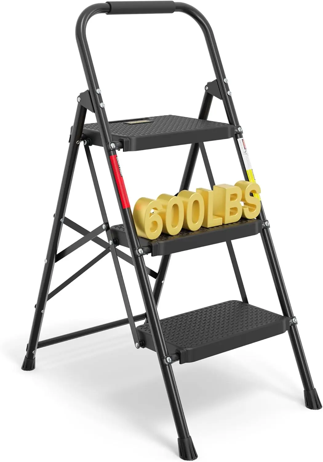 

3-Step Folding Ladder, 600lbs Max Load, Sturdy Steel with Non-Slip Pedals and Handrail, Portable for Home & Work