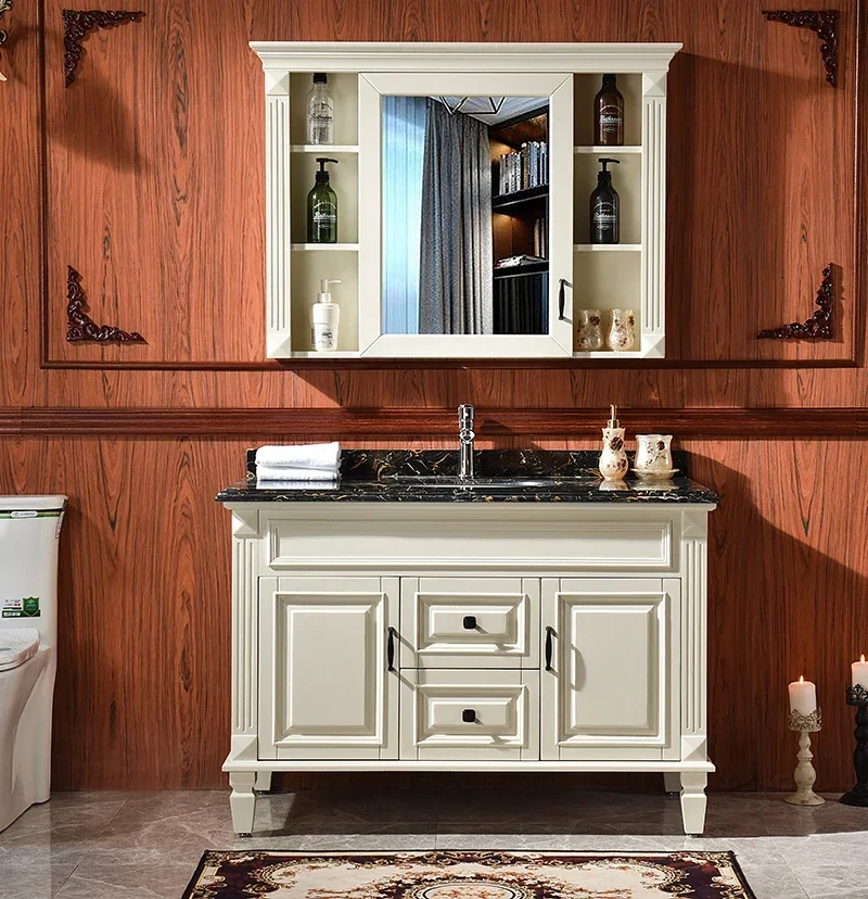 American Red Oak Solid Wood Bathroom Cabinet Floor-Standing Washroom Furniture With Toilet Wash Basin And Storage Mirror Cabinet