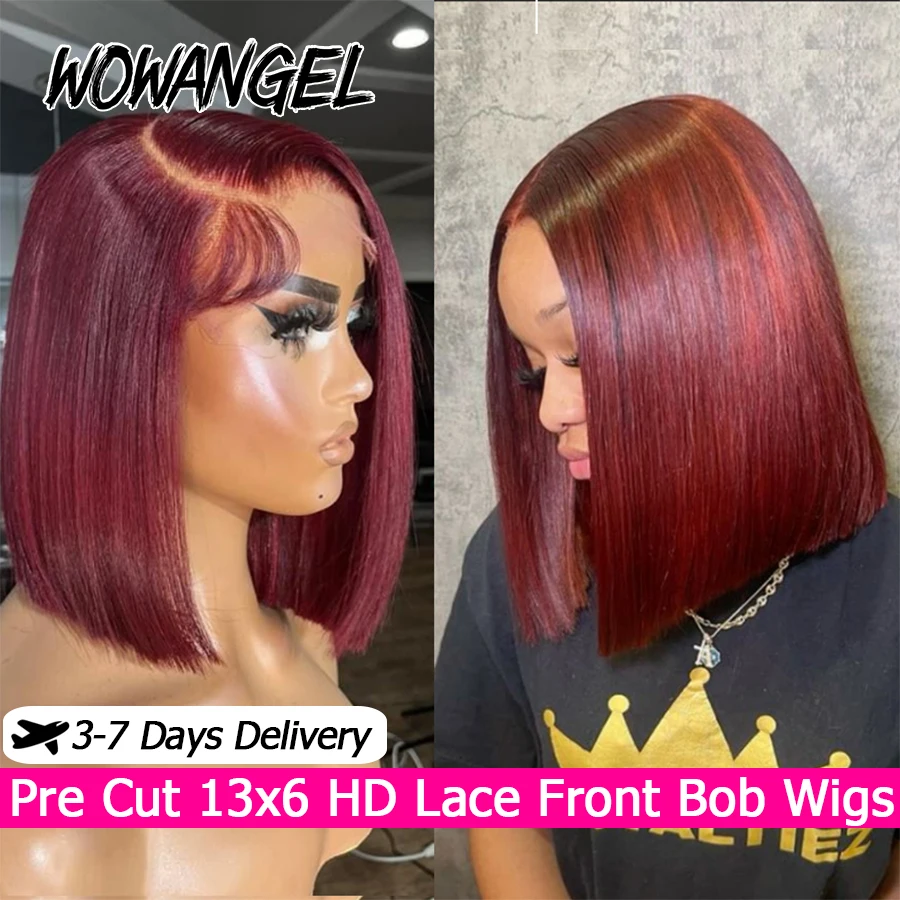 

Glueless Wig Burgundy Bob Wigs 13x6 HD Lace Front Wigs Human Hair 99J Red Blunt Cut Pre Cut Lace Short Bob Skin Melted For Women