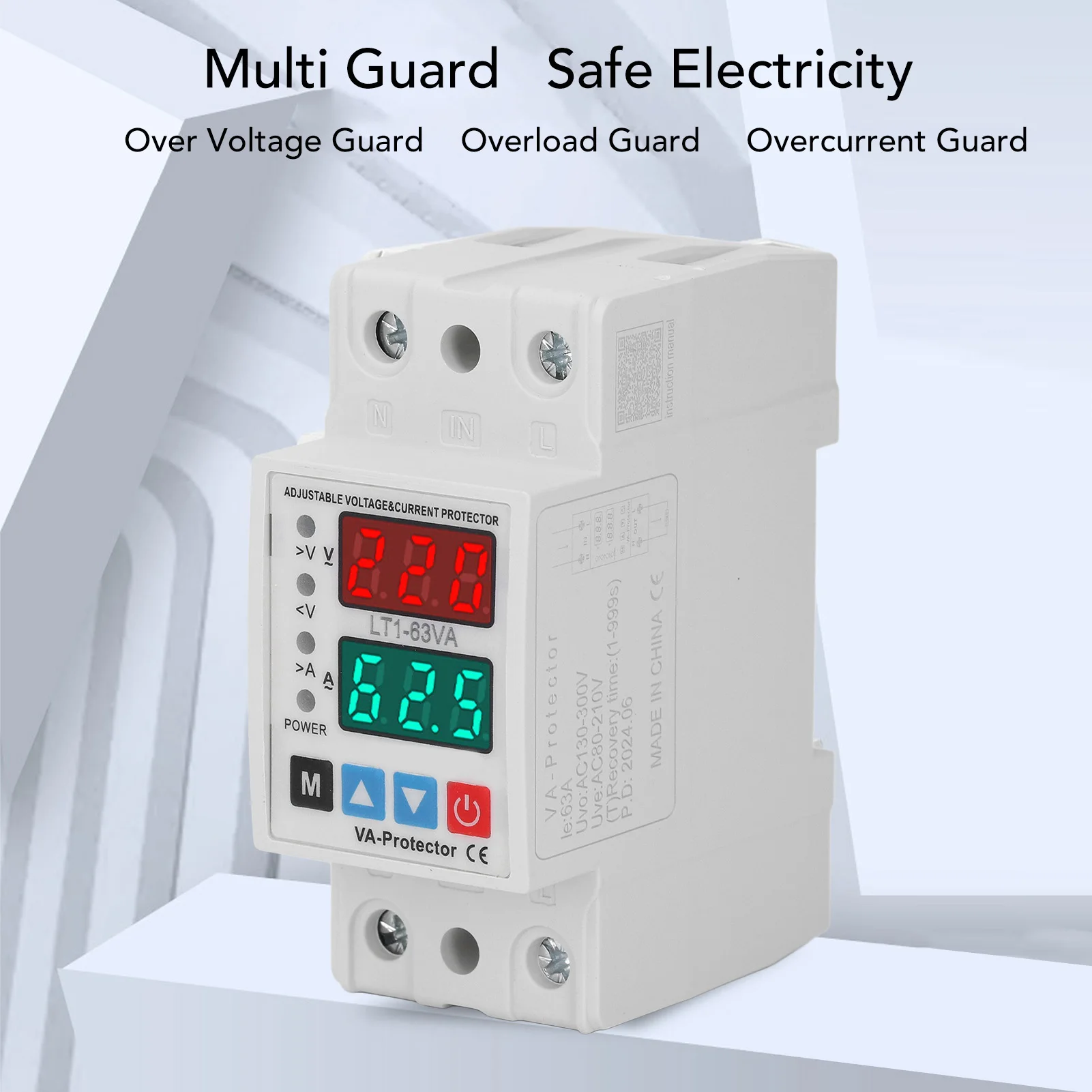 

Voltage Current Protector Flame Retardant PC Over Under Voltage Protector Dual Display Under Voltage Guard AC220V 63A for Home