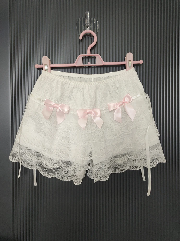 

Cute Safety Short Pants Women Three Bows Decoration Elastic Waist Lolita Style Multilayer Bottoming Lace Shorts for Sweet Girls