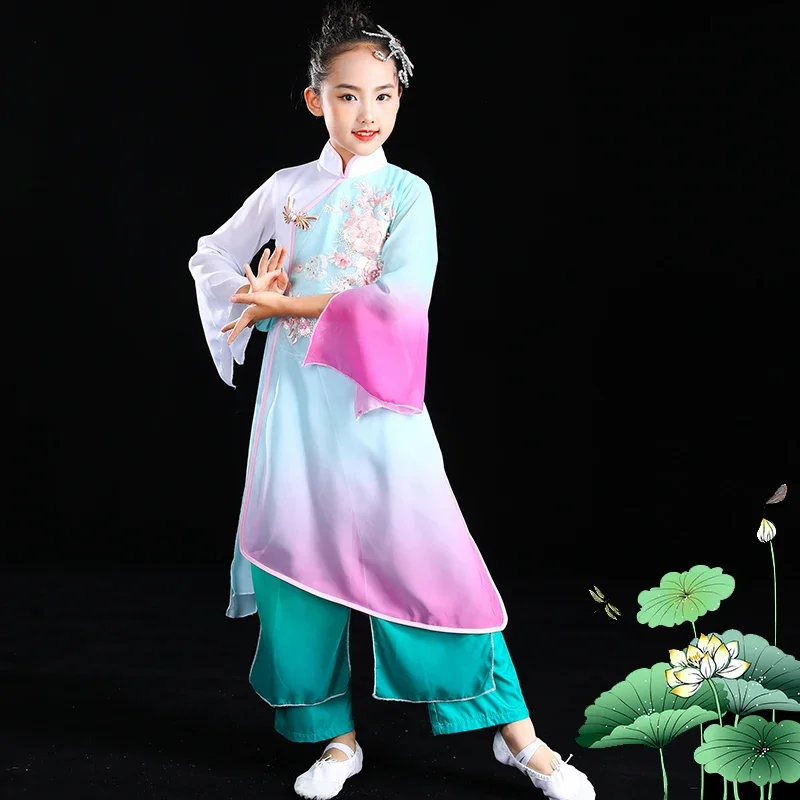 Kinderen Klassieke Yangko Dansvoorstelling Kleding Meisjes Fan Paraplu Dans Jasmijn Kleding Nationale Oude Chinese Kostuum