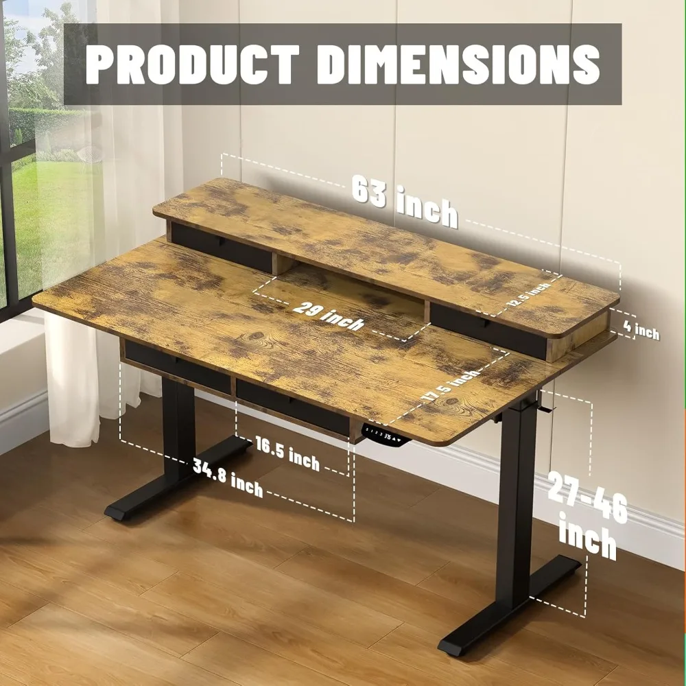 مكتب قائم كهربائي، ارتفاع قابل للتعديل 63 * 30 بوصة مع 4 أدراج، أرفف تخزين مزدوجة مكتب قائم