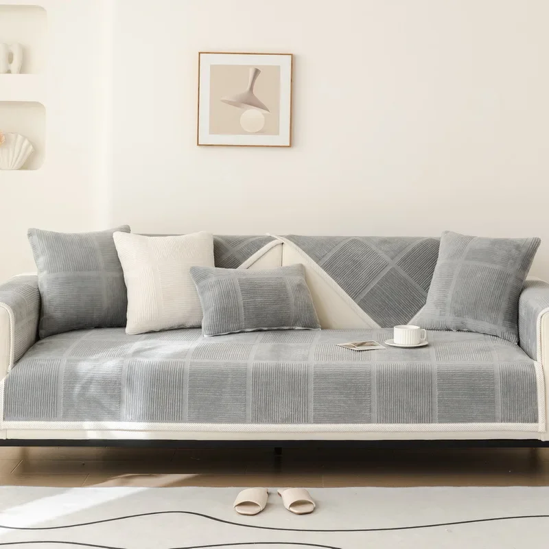 Universal Four Seasons Quilted Cotton Leaf Sofa Cushion Pure Color Modern Anti-Slip Sofa Pad Cloth Home Decorative