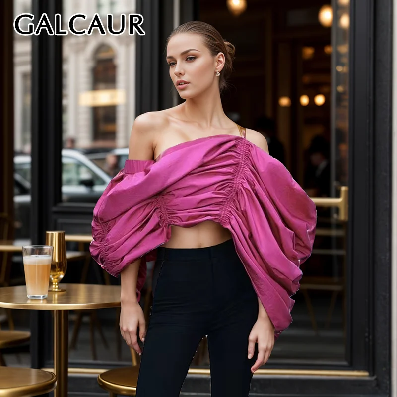 

GALCAUR Folds Fashion Shirts For Women Diagonal Collar Short Sleeve Patchwork Shirring Loose Solid Summer Crop Tops Female New