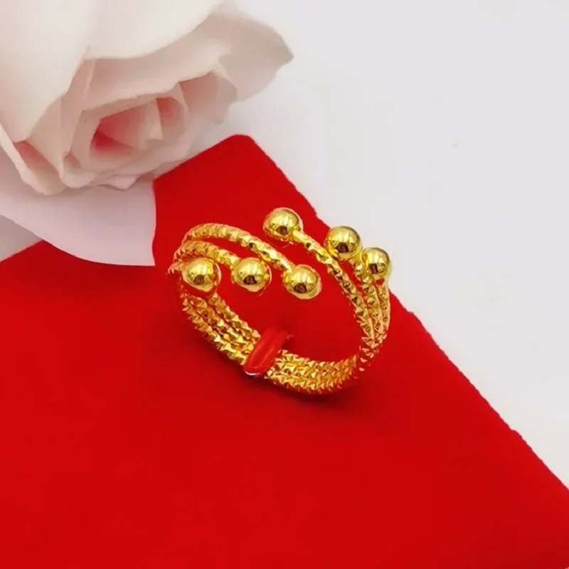 Two Piece Set Of Lucky Beads Ring Pure Plated Real 18k Yellow Gold 999 24k Bracelet With Adjustable Opening Never Fade Jewel