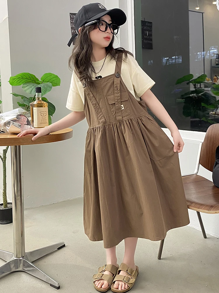 Vestido de verão para meninas, conjunto de duas peças com alça fina, manga curta, top e saia, cintura alta, mistura de algodã...