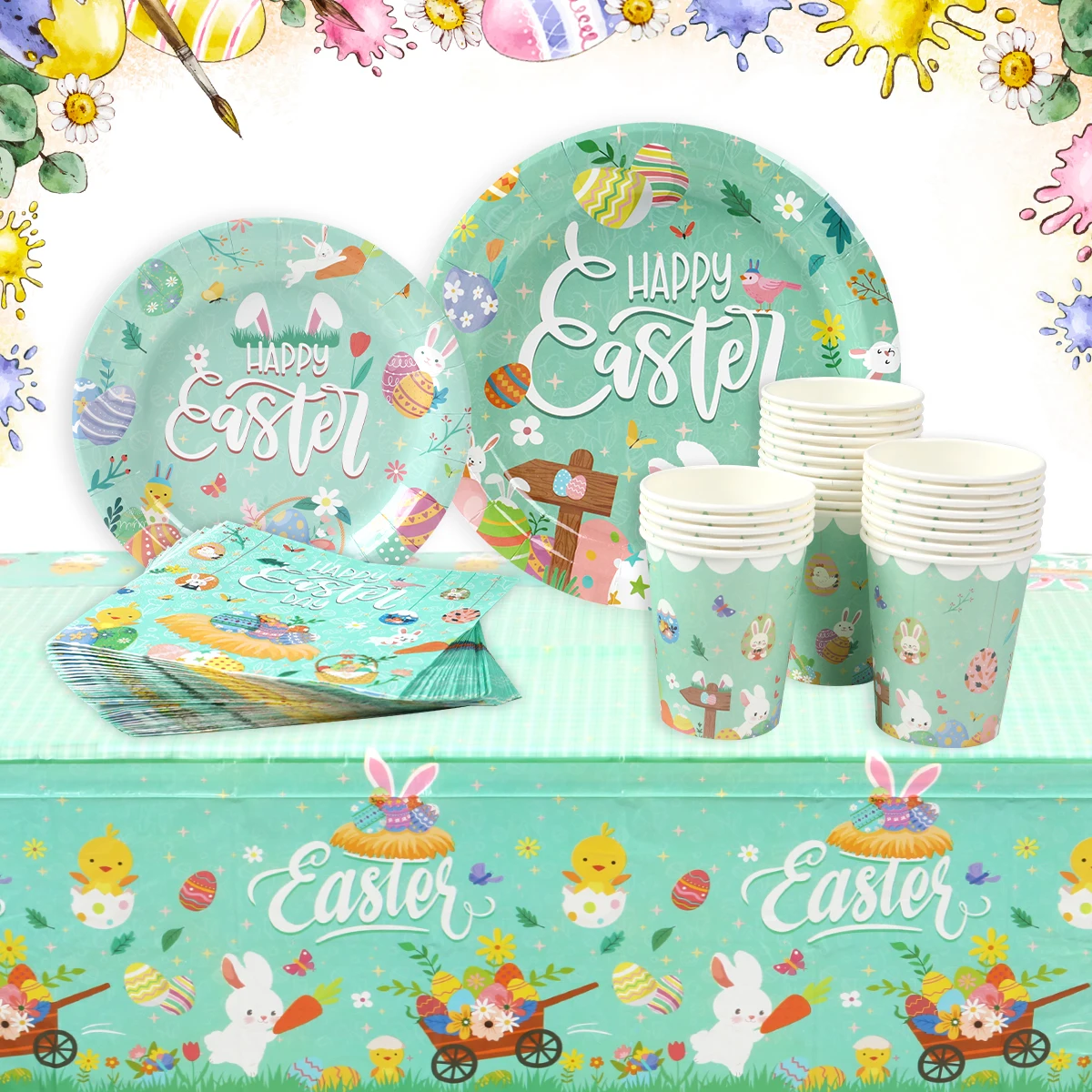 Easter Theme Party Decoration Cute Rabbit Disposable Party Tableware Tablecloth Birthday Party Baby Shower Decor Happy Easter Su