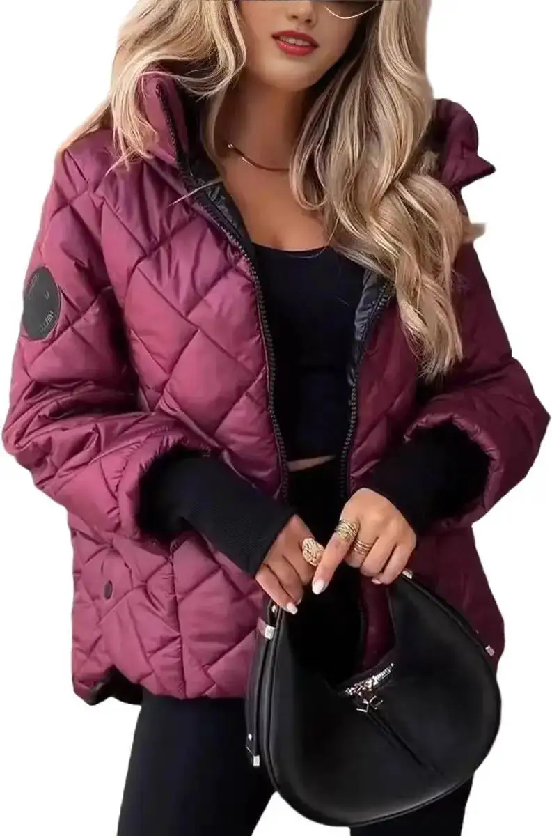 Winter Women's Warm Cotton Clothes Coat Fashion Diamond Splicing Long Sleeve Loose Hooded Cotton Clothes Female Jackets 2026