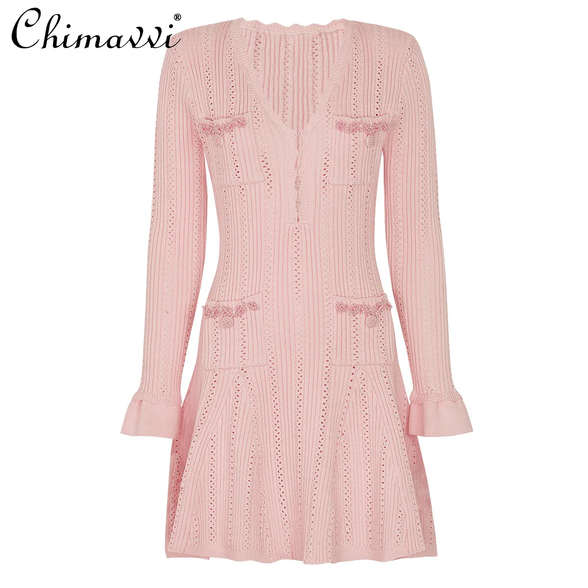 봄 가을 신상 니트 브이넥 허리 조임 숏 드레스 헤비 비즈 장식 롱 슬리브 우아한 파티 드레스 여성용