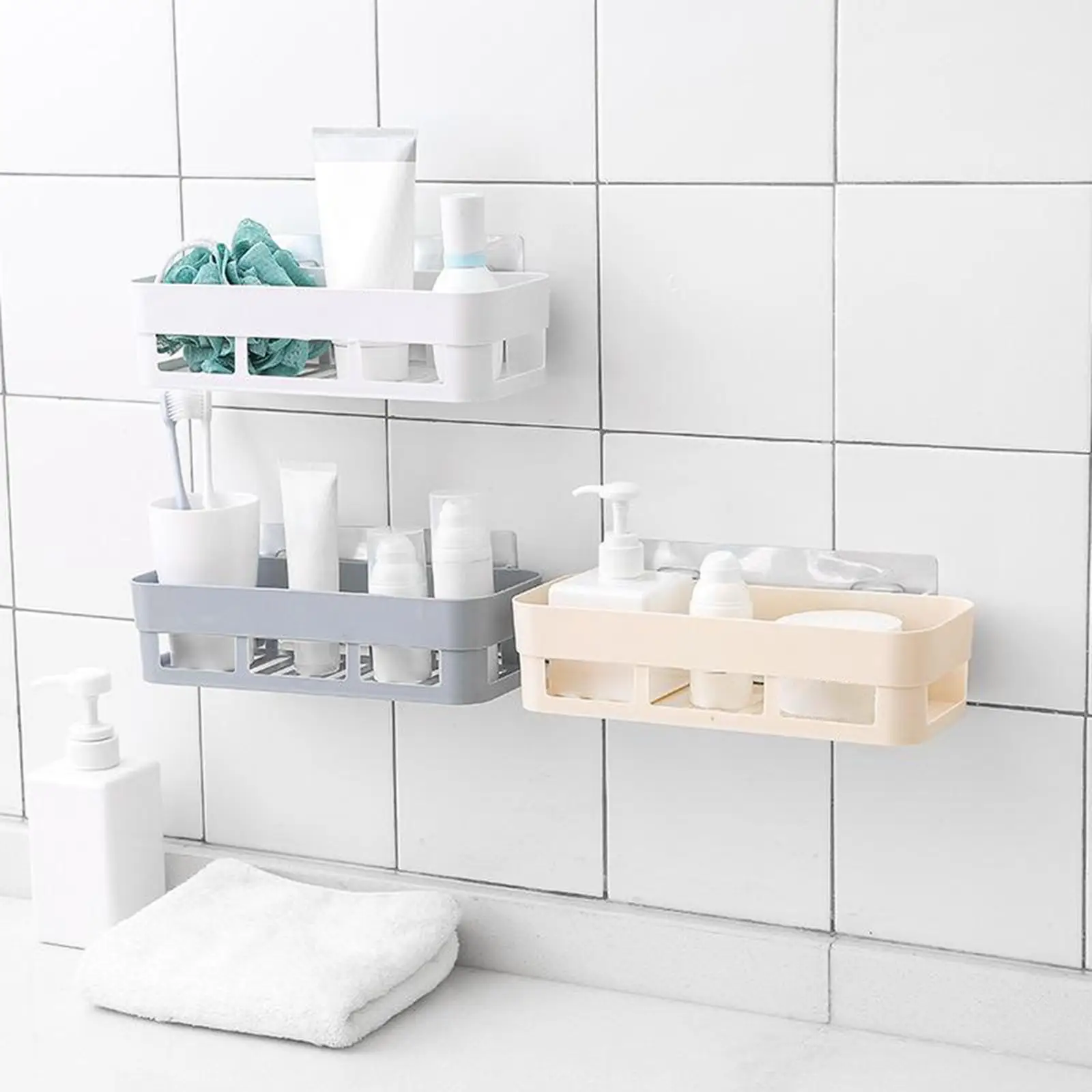 Adhesive Suction Wall Rack Shower Caddy Plastic Organizer Storage Shelf for Bathroom Kitchen Cabinet Shampoo Holder Towel Hook