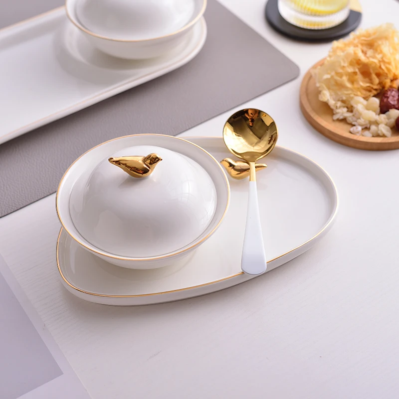 

Gold Rimmed Soup Bowl Dert Bowl Fine Luxury Swallow's Nest Di with Lid Restaurant Hotel Small Stew Bowl Egg Soup Bowl