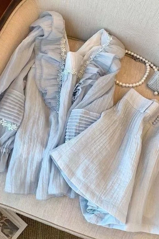 

Blue Ruffle Square Neck Shirt Shorts Set Women's Summer Flowy Wide Leg Casual Two Piece Outfit Petite Slimming Female Clothing