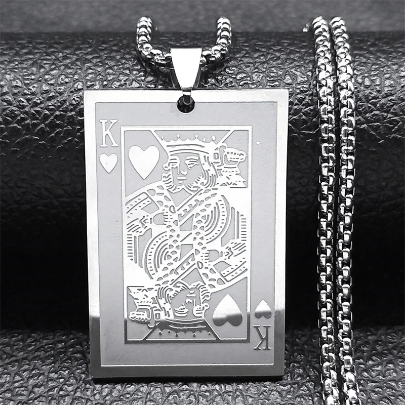 Hip Hop Rock Poker K King Card Heart Necklace for Women Men Stainless Steel Silver Color Gambler Playing Cards Chain Jewelry