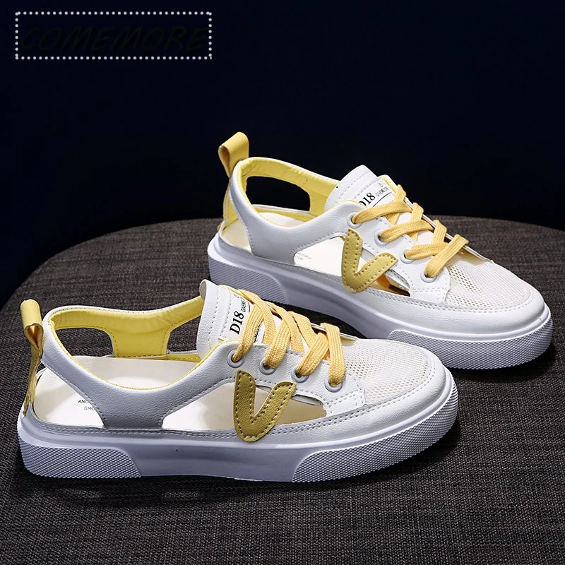 New Women's White Casual Shoes Fish-mouth Sandals Transparent Breathable Mesh sneakers Shoes Large size 40 Spring summer outdoor