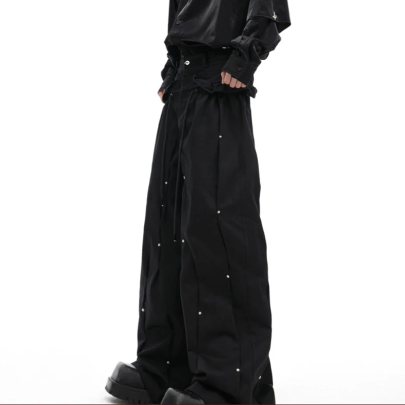 FEWQ Niche Deconstruction Pleated Metal Rivet Casual Pants Wide Leg Loose Work Pants Solid Color Darkwear Male Trousers 24E2145