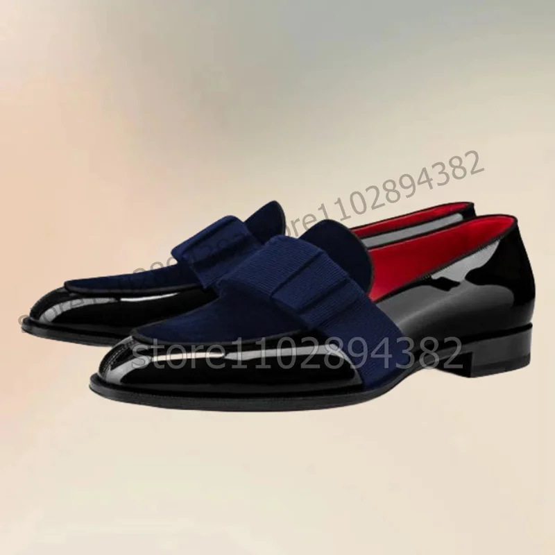 Red Blue Bow Knot Decor Black Patent Leather Loafers Fashion Slip On Men Shoes Luxurious Handmade Party Office Men Dress Shoes