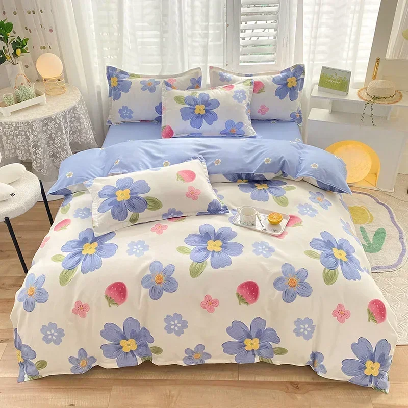 Beddings Sets Small Fresh Thickened Brushed Pure Cotton Four-piece Set Bed Sheet Quilt Cover Washed Cotton Three-piece Bed Linen