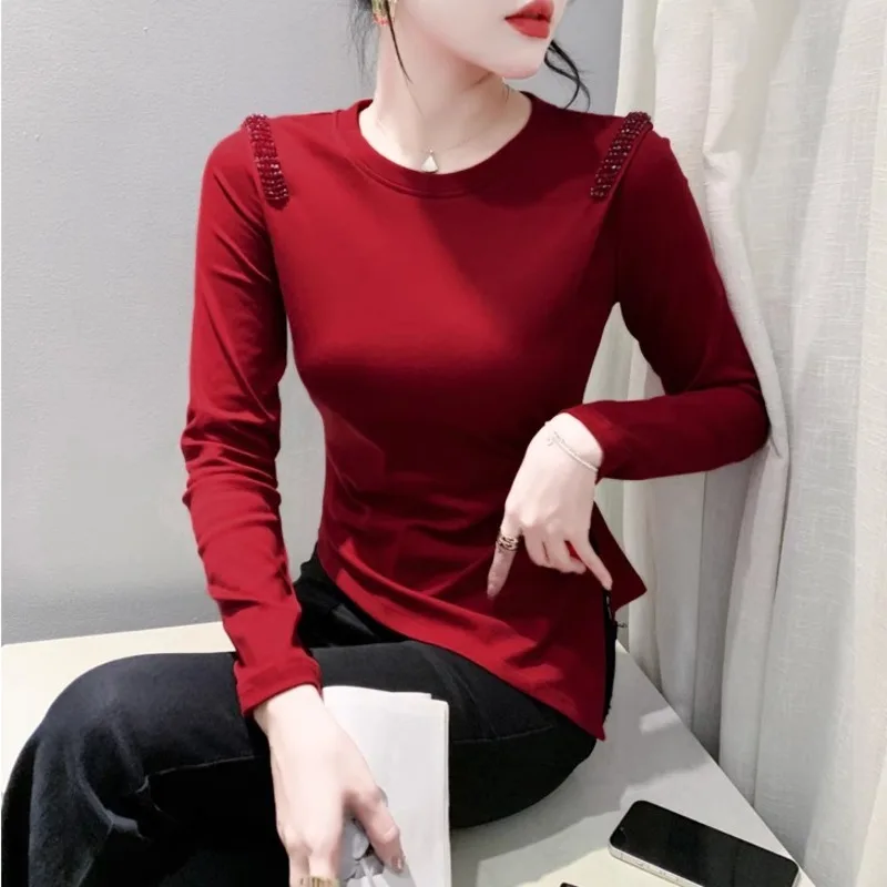 

#8721 Black Red Brown Irregular T Shirt Women O-Neck Sexy Skinny T-shirt Female Long Sleeve Streetwear Women's T-shirt Diamonds