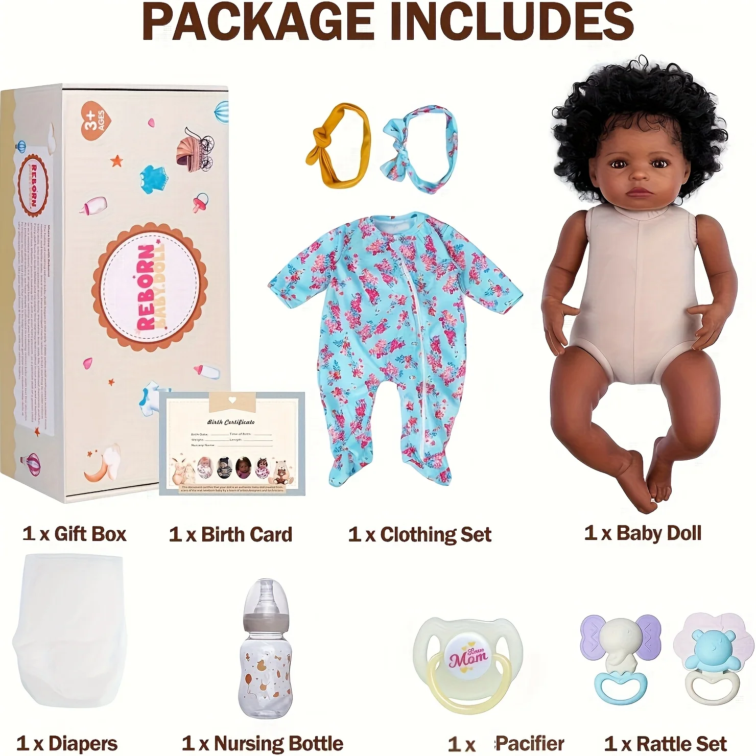 BABESIDE 20'' Realistica bambola afroamericana rinata, bambola neonato della vita reale con vestito e accessori per bambini dai 3 anni in su