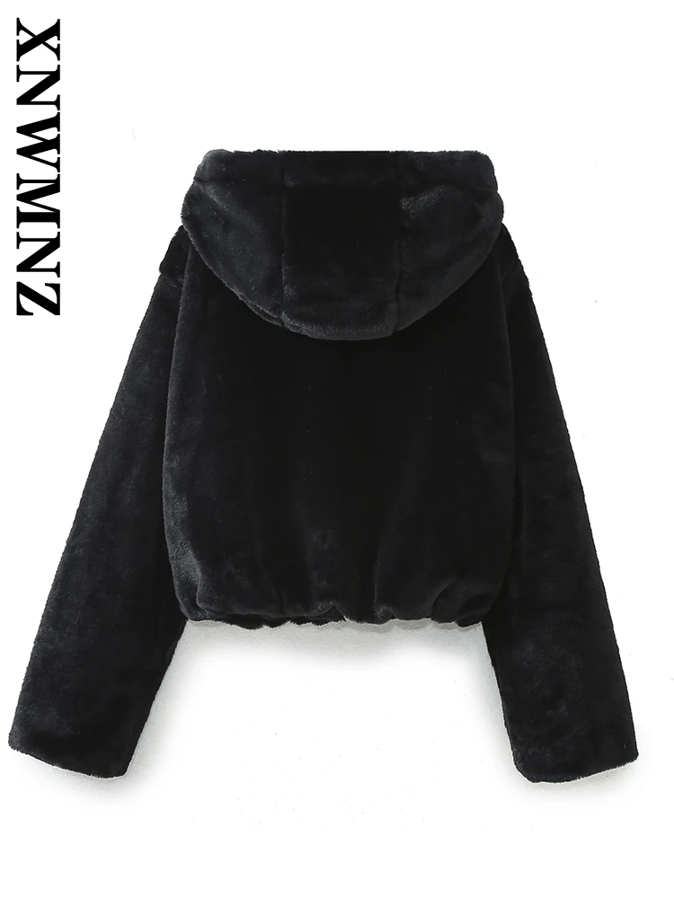 XNWMNZ 2024 Autumn New Woman Edgy Long Sleeve Faux Fur Jacket Top Vintage Winter Female Hooded Collar Hoodie Keep warm Coat