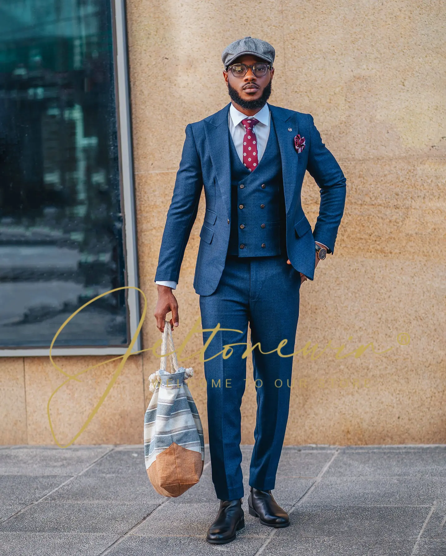 

Men's Navy Blue Three Piece Suit Set with Vest Slim Fit Formal Wear for Wedding Groomsmen Party Event Business Occasion