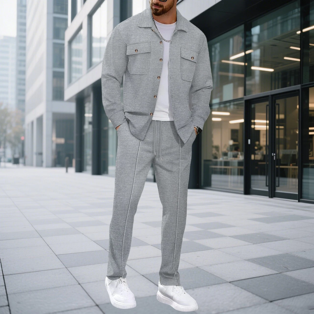 ملابس عمل رجالية من Waffle Check سترة عصرية بأزرار على شكل طية صدر السترة وسراويل طويلة مريحة تسمح بمرور الهواء ملابس عمل غير رسمية 1/2 قطعة