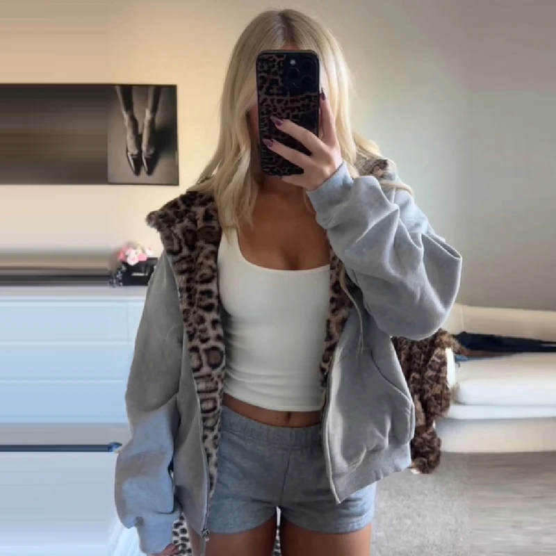 Fashion Women Dual‑sided Wear Zip Hoodie Jacket Leopard Faux Fur Lined Reversible Hooded Sweatshirt Y2k Streetwear Outerwear