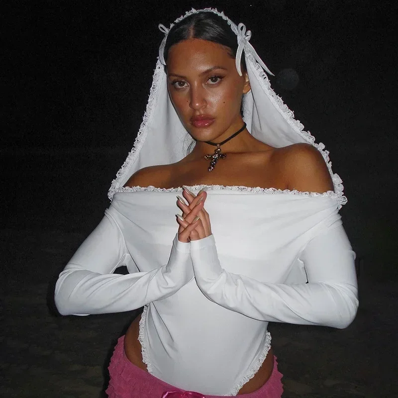 

Sexy Fancy Bodysuit Y2K Lace Patchwork Long Sleeve Hooded Bodysuits Autumn Winter Evening Night Party Clubwear Bodices