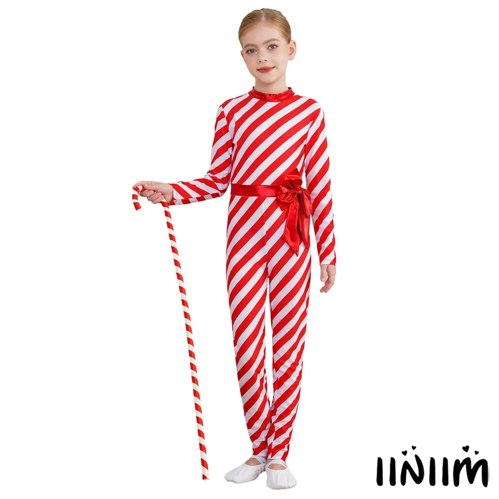 

Kids Candy Cane Striped Christmas Costume Bow-knot Long Bodysuit Dance Jumpsuit Xmas Festival Costume Dancewear for Girls