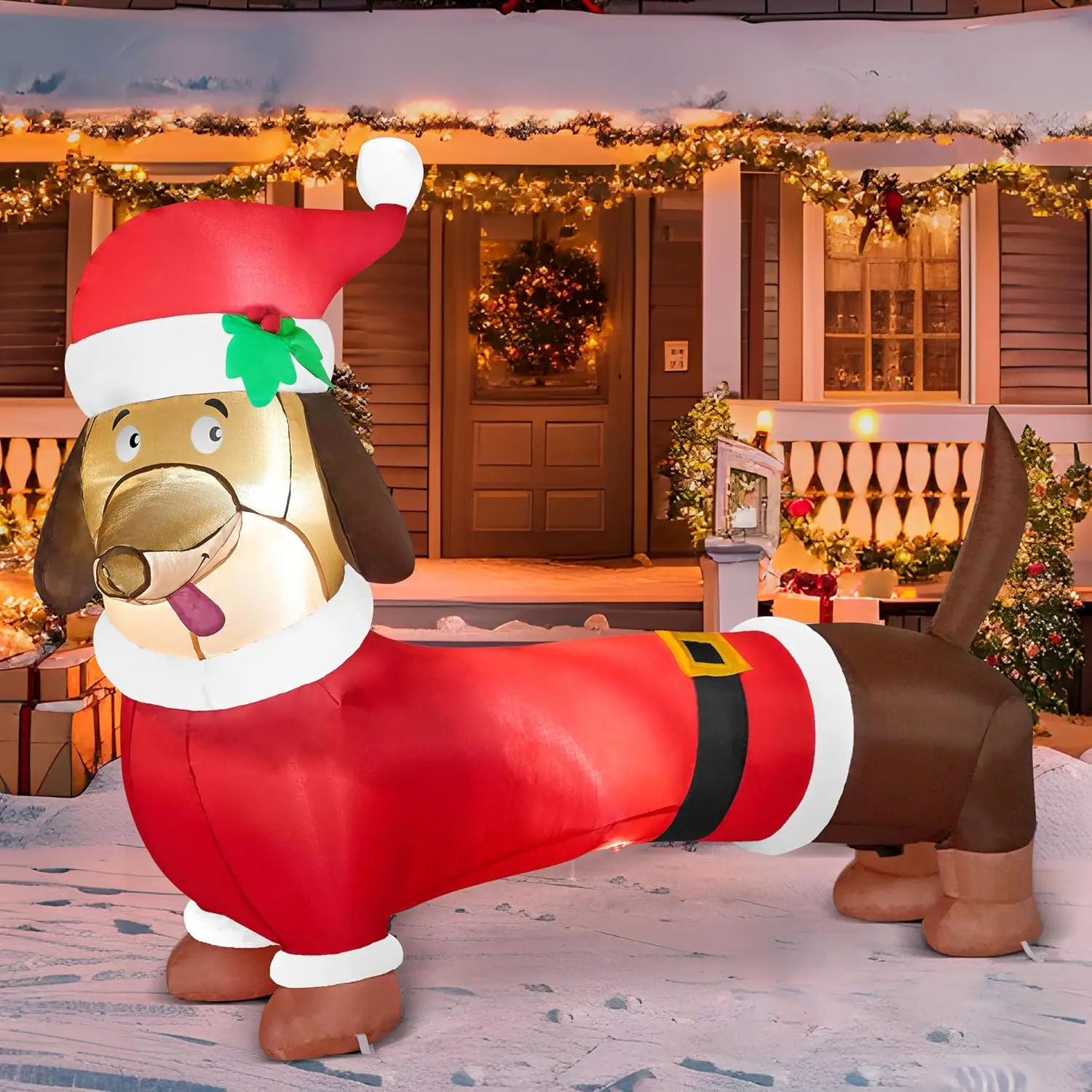 

JOYFY 5 FT Christmas Puppy Inflatable Dachshund Decoration with Build-in LED for Christmas Inflatable Blow Up Yard Decoration