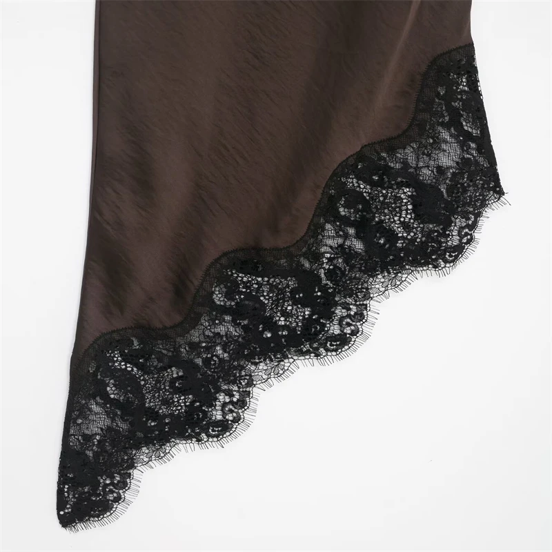 Asymmetric Hem Elegant Evening Party Dress Women's Brown Satin Slip Dress with Black Lace Trim Spaghetti Strap