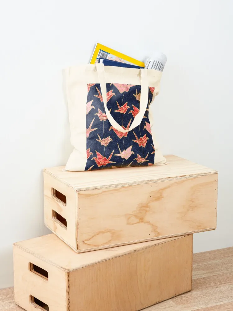 Red origami cranes on navy blue Tote Bag canvas shopping bag bags for women Shopper handbag Women's beach bags