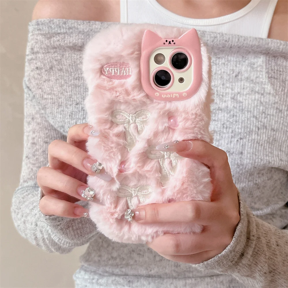 Soft Fluffy Plush bowknot Cat Ears 3D Pearl Phone Case For iPhone 14 15 16 Plus 13 Pro Max 11 12 Warm Winter Furry Fur Cover