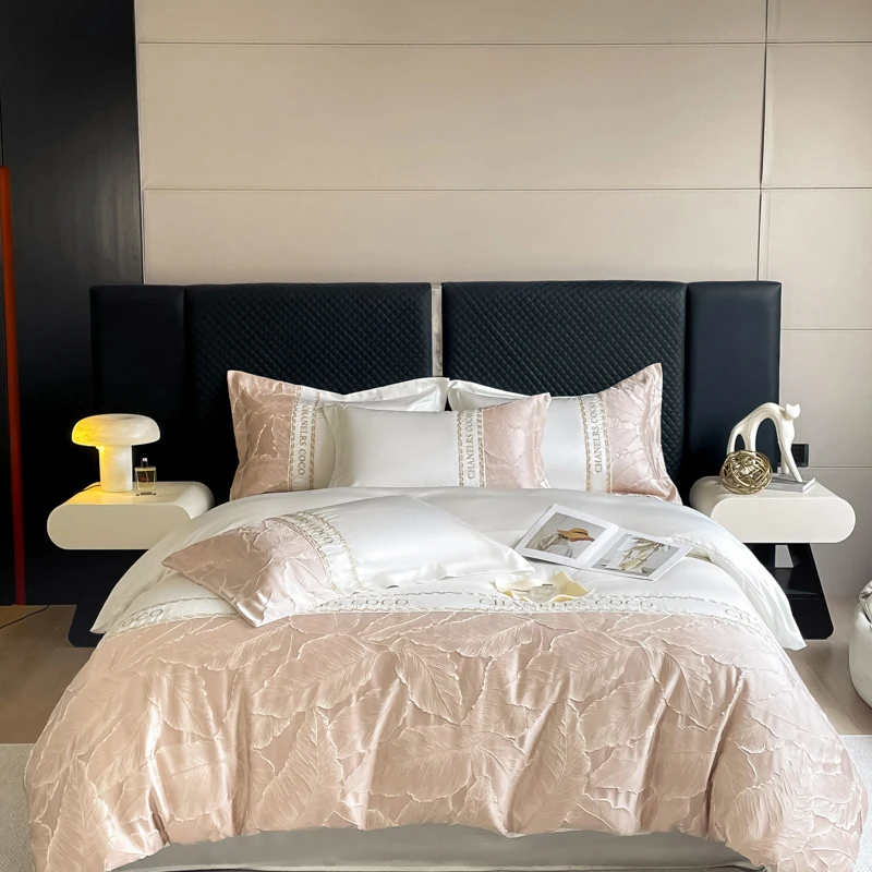 Emboss Leaf Embroidery Bedding Set King Queen Size White Polyester Satin Duvet Cover Fitted Bed Sheet Pillowcases Mattress Cover