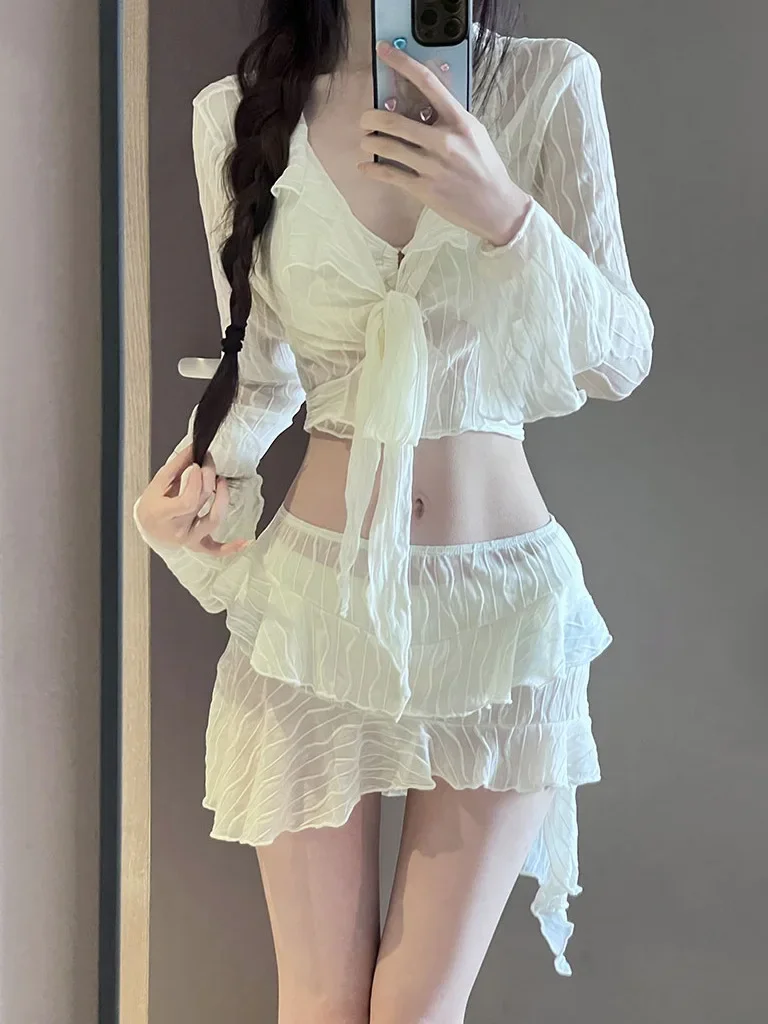 2025 maiô feminino malha manga longa frente gravata cobrir saia 4 peça conjuntos de biquinis praia maiô férias coreano