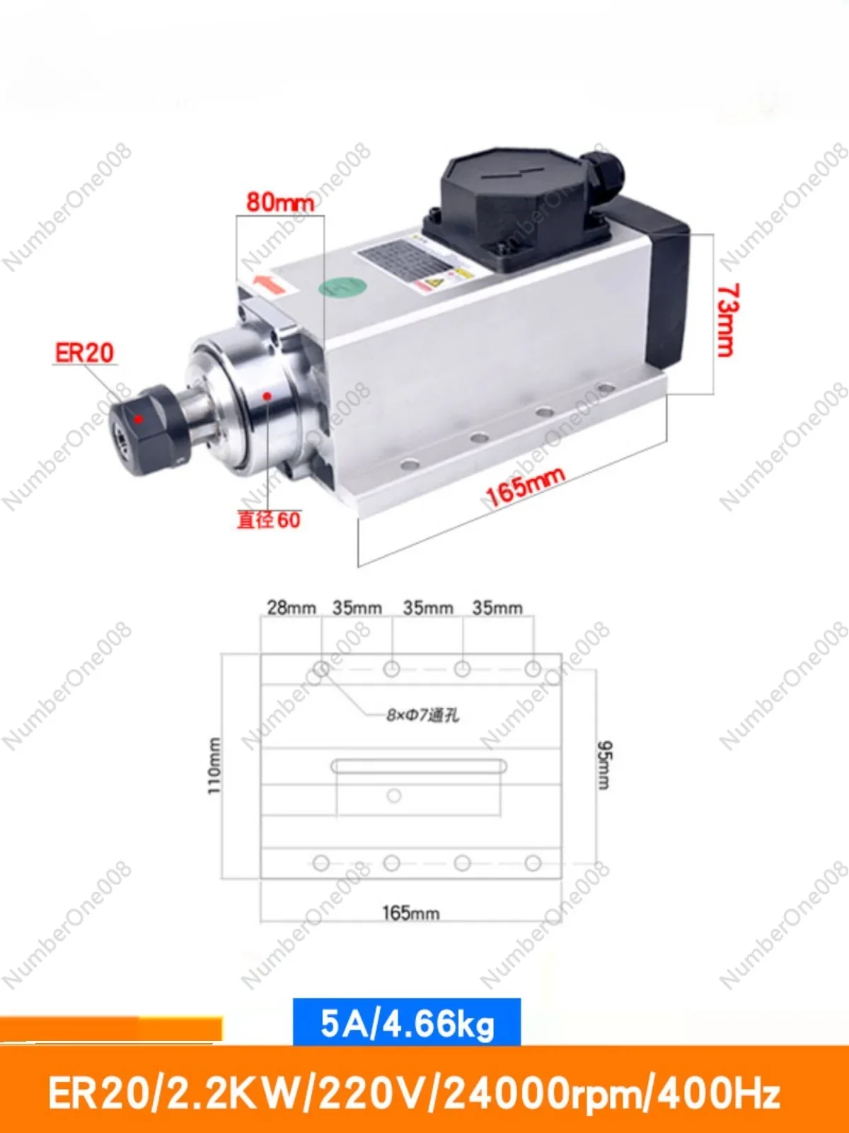 2.2KW Spindle Motor of Carving Machine Square 1.5kW Air-Cooled 3.5 High Speed Power Head Engraving Machine Spindle