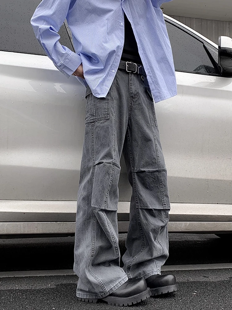 Celana Kerja Pria Model High Street Amerika, Jeans Flare Kasual Desain Drapey, Denim Lipat Trendi Musim Gugur, Celana Panjang Serbaguna