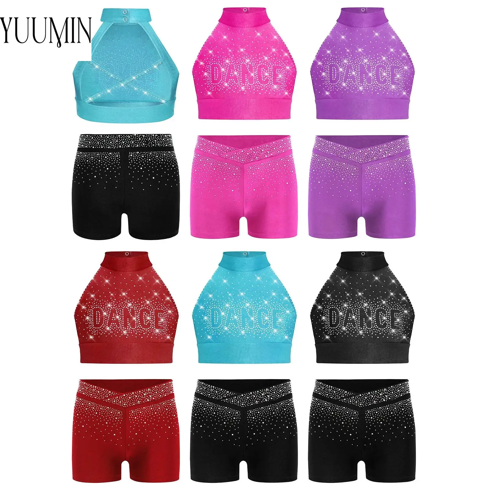 Kids Cheerleading Dance Outfit Girls Halter Sleeveless Rhinestones Crop Top with Bottom for Skating Gymnastics Ballet Jazz Dance